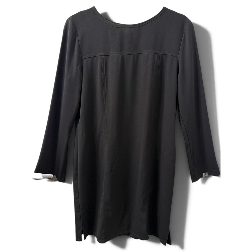 Womens Black Long Sleeve Scoop Neck Shift Dress with Princess Seams and Vents